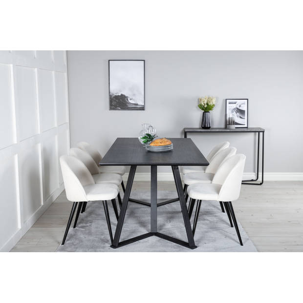 MarinaBLBL eethoek eetkamertafel zwart en 6 Velvet eetkamerstal fluweel beige, zwart.