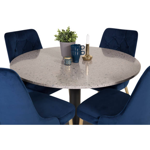 RazziaGR eethoek eetkamertafel terazzo grijs en 4 Velvet Deluxe eetkamerstal velours blauw, messing decor.