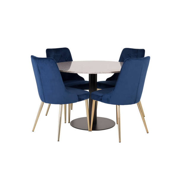 RazziaGR eethoek eetkamertafel terazzo grijs en 4 Velvet Deluxe eetkamerstal velours blauw, messing decor.