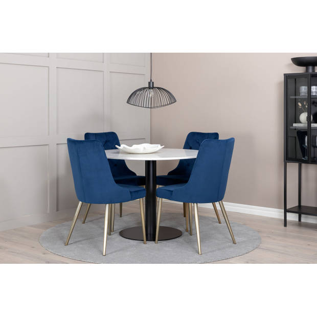 RazziaWH eethoek eetkamertafel terazzo wit en 4 Velvet Deluxe eetkamerstal velours blauw, messing decor.