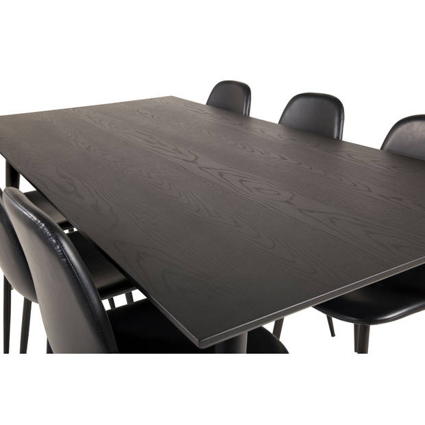 Dipp180x90BLBR eethoek eetkamertafel zwart en 6 Polar eetkamerstal PU kunstleer zwart PU kunstleer.