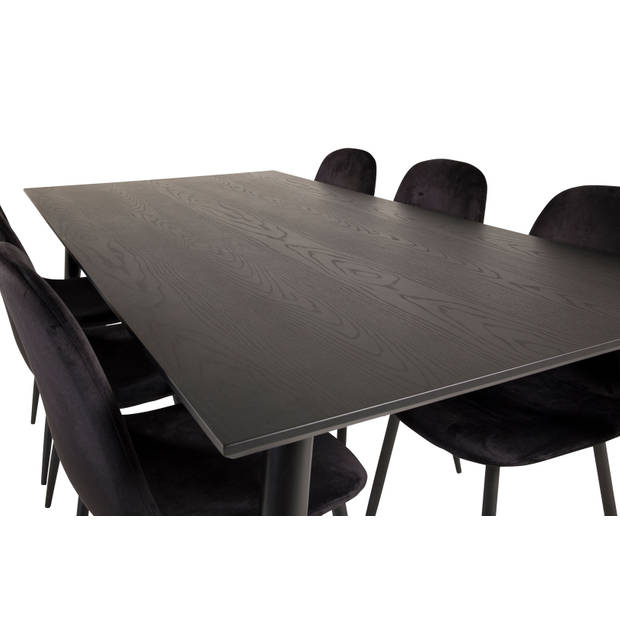 Dipp180x90BLBR eethoek eetkamertafel zwart en 6 Polar eetkamerstal velours zwart.