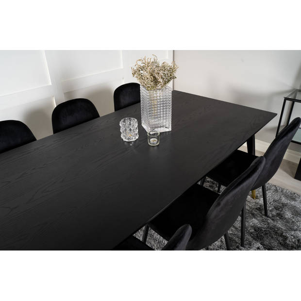 Dipp180x90BLBR eethoek eetkamertafel zwart en 6 Polar eetkamerstal velours zwart.