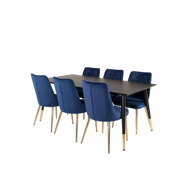 Dipp180x90BLBR eethoek eetkamertafel zwart en 6 Velvet Deluxe eetkamerstal velours blauw, messing decor.