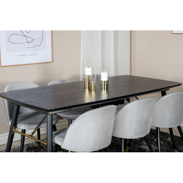 Gold eethoek eetkamertafel uitschuifbare tafel lengte cm 180 / 220 zwart en 6 Velvet eetkamerstal velours lichtgrijs.