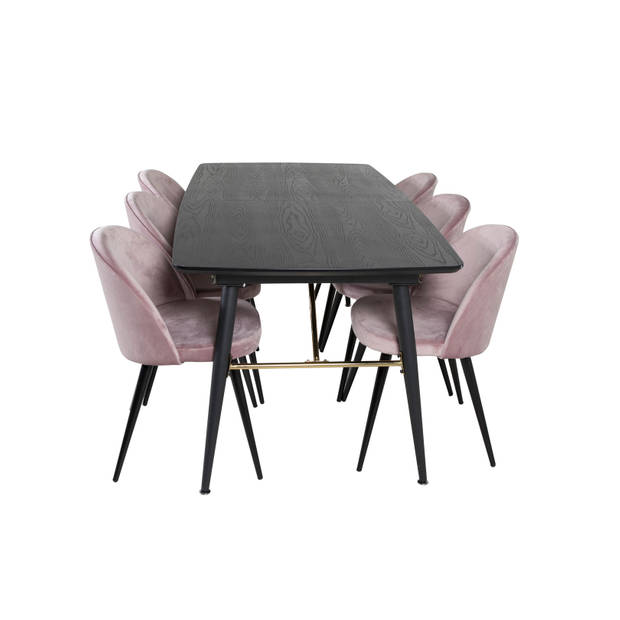 Gold eethoek eetkamertafel uitschuifbare tafel lengte cm 180 / 220 zwart en 6 Velvet eetkamerstal velours roze, zwart.