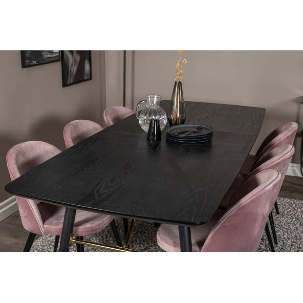 Gold eethoek eetkamertafel uitschuifbare tafel lengte cm 180 / 220 zwart en 6 Velvet eetkamerstal velours roze, zwart.