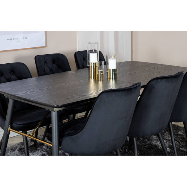 Gold eethoek eetkamertafel uitschuifbare tafel lengte cm 180 / 220 zwart en 6 Velvet Deluxe eetkamerstal velours zwart.