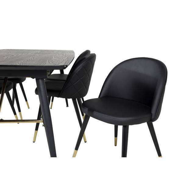 Gold eethoek eetkamertafel uitschuifbare tafel lengte cm 180 / 220 zwart en 6 Velvet eetkamerstal PU kunstleer zwart.