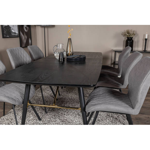 Gold eethoek eetkamertafel uitschuifbare tafel lengte cm 180 / 220 zwart en 6 Gemma eetkamerstal grijs.