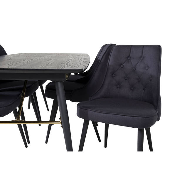 Gold eethoek eetkamertafel uitschuifbare tafel lengte cm 180 / 220 zwart en 6 Velvet Deluxe eetkamerstal zwart.