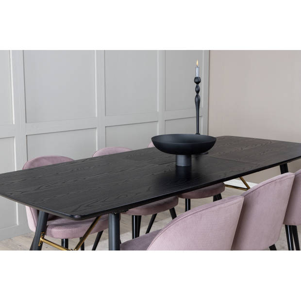 Gold eethoek eetkamertafel uitschuifbare tafel lengte cm 180 / 220 zwart en 6 Velvet eetkamerstal fluweel roze, zwart.