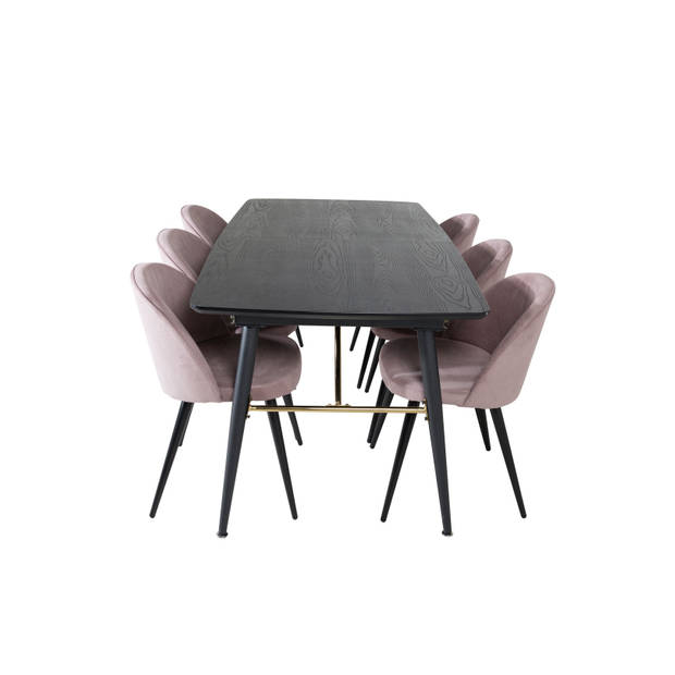 Gold eethoek eetkamertafel uitschuifbare tafel lengte cm 180 / 220 zwart en 6 Velvet eetkamerstal fluweel roze, zwart.