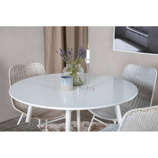 PlazaWHWH100 eethoek eetkamertafel wit en 4 Cirebon eetkamerstal rotan whitewash.