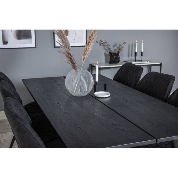 Sleek eethoek eetkamertafel uitschuifbare tafel lengte cm 195 / 280 zwart en 6 Gemma eetkamerstal zwart.