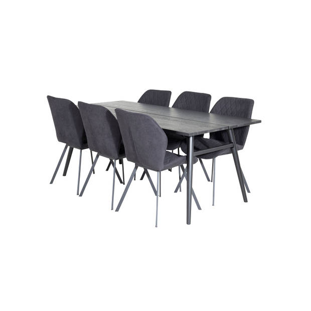 Sleek eethoek eetkamertafel uitschuifbare tafel lengte cm 195 / 280 zwart en 6 Gemma eetkamerstal zwart.