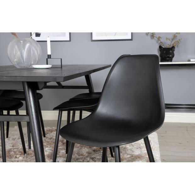 Sleek eethoek eetkamertafel uitschuifbare tafel lengte cm 195 / 280 zwart en 6 Polar eetkamerstal zwart.