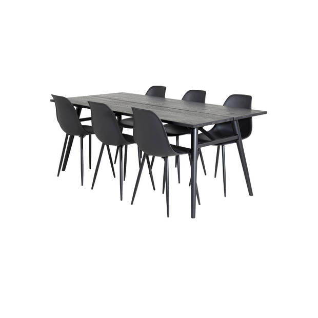 Sleek eethoek eetkamertafel uitschuifbare tafel lengte cm 195 / 280 zwart en 6 Polar eetkamerstal zwart.