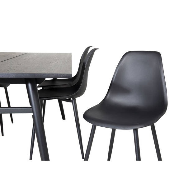 Sleek eethoek eetkamertafel uitschuifbare tafel lengte cm 195 / 280 zwart en 6 Polar eetkamerstal zwart.
