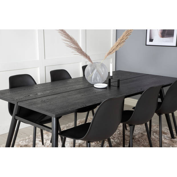 Sleek eethoek eetkamertafel uitschuifbare tafel lengte cm 195 / 280 zwart en 6 Polar eetkamerstal zwart.