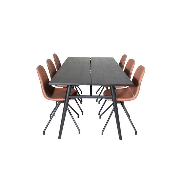 Sleek eethoek eetkamertafel uitschuifbare tafel lengte cm 195 / 280 zwart en 6 Polar eetkamerstal PU kunstleer bruin.