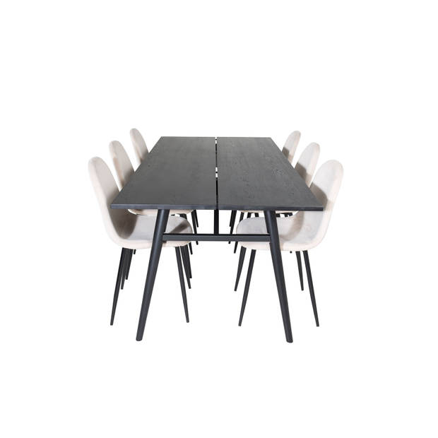 Sleek eethoek eetkamertafel uitschuifbare tafel lengte cm 195 / 280 zwart en 6 Polar eetkamerstal velours beige.