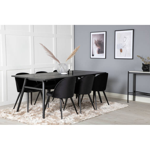 Sleek eethoek eetkamertafel uitschuifbare tafel lengte cm 195 / 280 zwart en 6 Velvet eetkamerstal velours zwart.