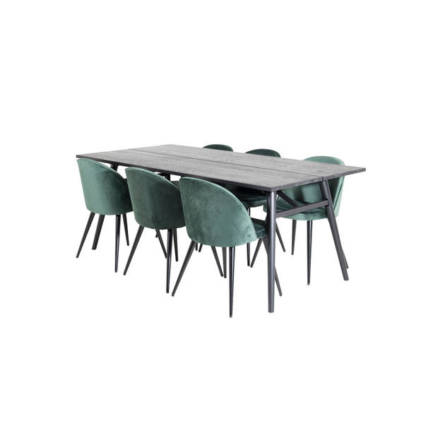 Sleek eethoek eetkamertafel uitschuifbare tafel lengte cm 195 / 280 zwart en 6 Velvet eetkamerstal velours groente,