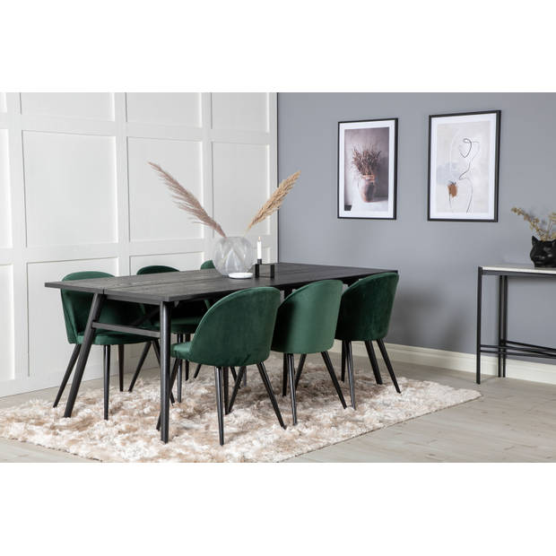 Sleek eethoek eetkamertafel uitschuifbare tafel lengte cm 195 / 280 zwart en 6 Velvet eetkamerstal velours groente,