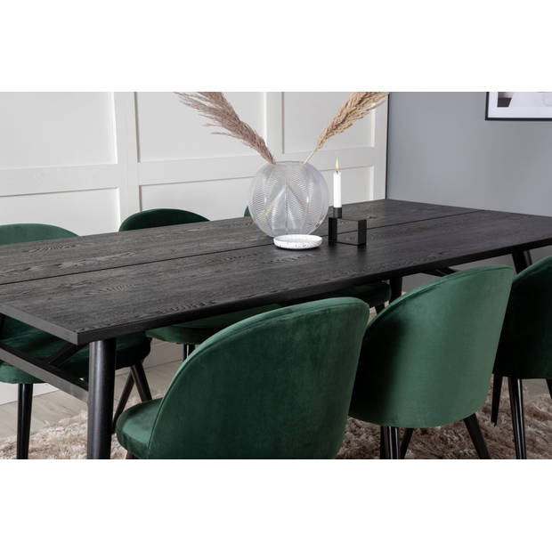 Sleek eethoek eetkamertafel uitschuifbare tafel lengte cm 195 / 280 zwart en 6 Velvet eetkamerstal velours groente,