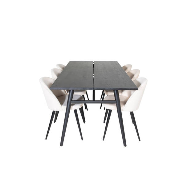 Sleek eethoek eetkamertafel uitschuifbare tafel lengte cm 195 / 280 zwart en 6 Velvet eetkamerstal velours beige, zwart.