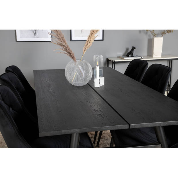 Sleek eethoek eetkamertafel uitschuifbare tafel lengte cm 195 / 280 zwart en 6 Velvet Deluxe eetkamerstal velours zwart.