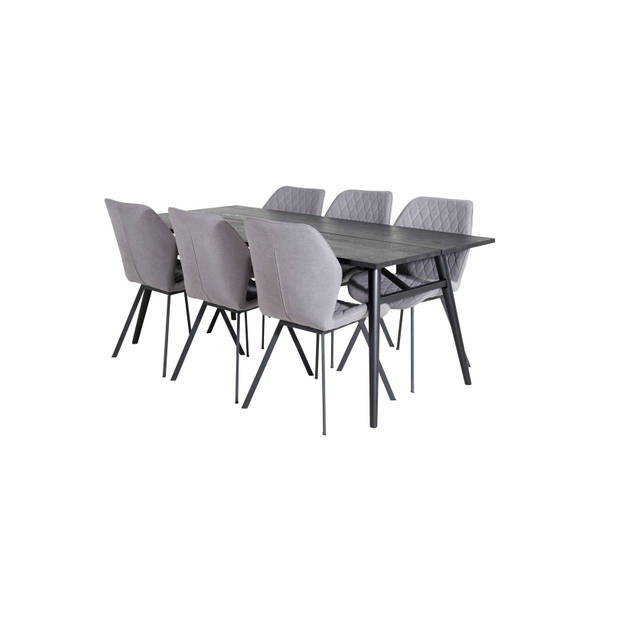 Sleek eethoek eetkamertafel uitschuifbare tafel lengte cm 195 / 280 zwart en 6 Gemma eetkamerstal grijs.
