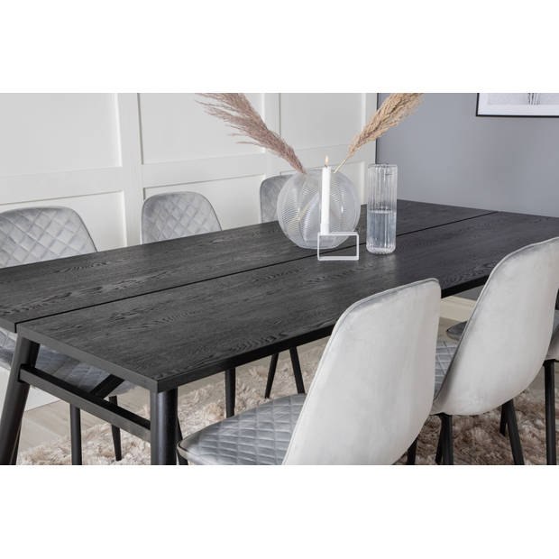 Sleek eethoek eetkamertafel uitschuifbare tafel lengte cm 195 / 280 zwart en 6 Polar Diamond eetkamerstal velours grijs.