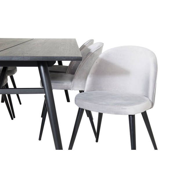Sleek eethoek eetkamertafel uitschuifbare tafel lengte cm 195 / 280 zwart en 6 Velvet eetkamerstal velours lichtgrijs.