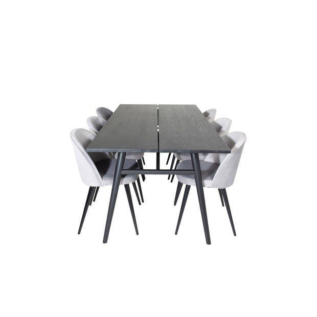 Sleek eethoek eetkamertafel uitschuifbare tafel lengte cm 195 / 280 zwart en 6 Velvet eetkamerstal velours lichtgrijs.