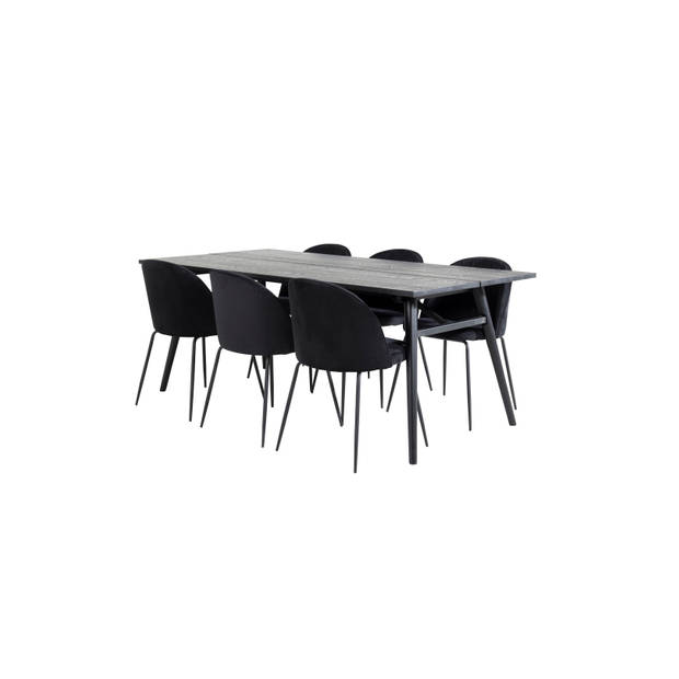 Sleek eethoek eetkamertafel uitschuifbare tafel lengte cm 195 / 280 zwart en 6 Wrinkles eetkamerstal velours zwart.