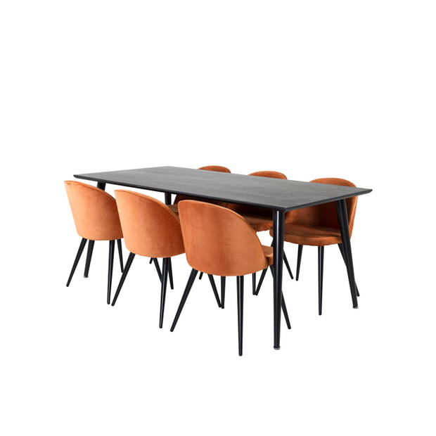 Dipp180x90BLBL eethoek eetkamertafel zwart en 6 Velvet eetkamerstal velours oranje, zwart.