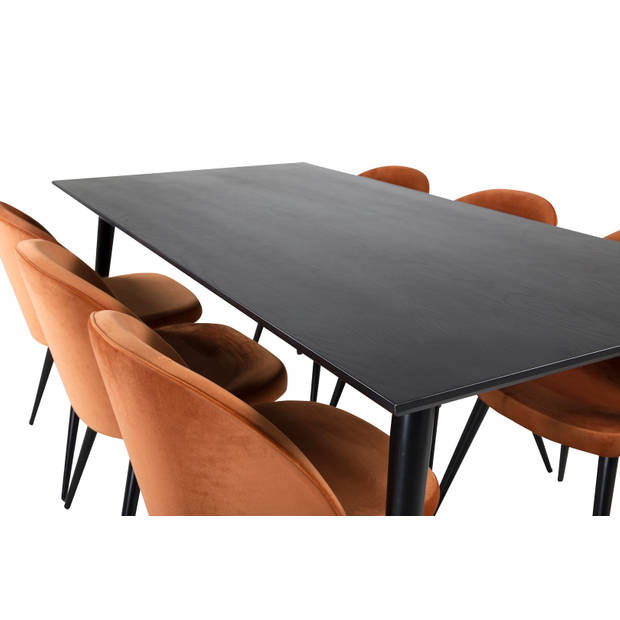 Dipp180x90BLBL eethoek eetkamertafel zwart en 6 Velvet eetkamerstal velours oranje, zwart.