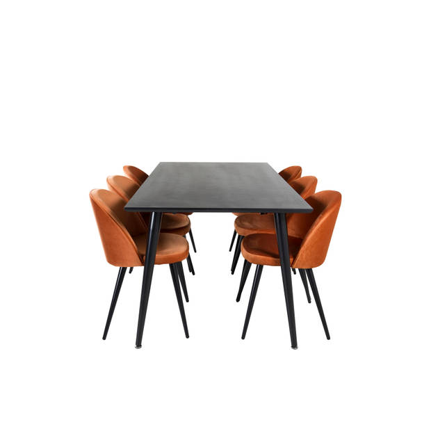 Dipp180x90BLBL eethoek eetkamertafel zwart en 6 Velvet eetkamerstal velours oranje, zwart.