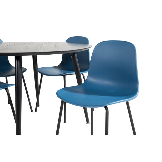 DippØ115BLBL eethoek eetkamertafel zwart en 4 Arctic eetkamerstal blauw, zwart.