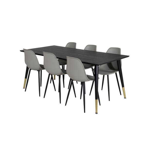 Dipp180x90BLBR eethoek eetkamertafel zwart en 6 Polar eetkamerstal grijs.