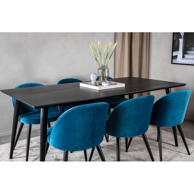 Dipp180x90BLBL eethoek eetkamertafel zwart en 6 Velvet eetkamerstal velours blauw, zwart.