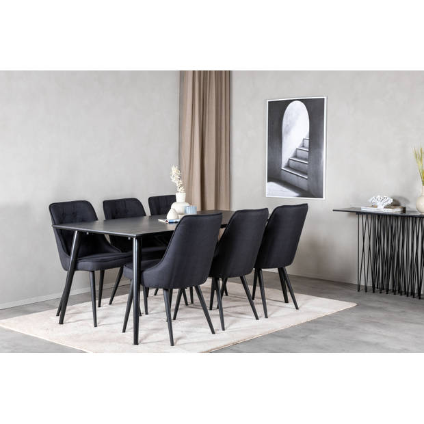 Dipp180x90BLBL eethoek eetkamertafel zwart en 6 Velvet Deluxe eetkamerstal zwart.