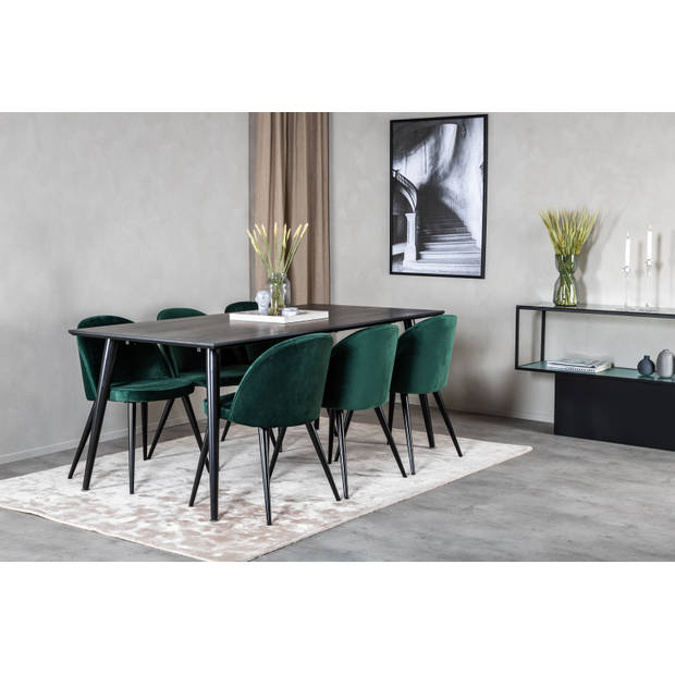 Dipp180x90BLBL eethoek eetkamertafel zwart en 6 Velvet eetkamerstal velours groente, zwart.