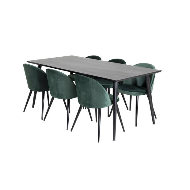 Dipp180x90BLBL eethoek eetkamertafel zwart en 6 Velvet eetkamerstal velours groente, zwart.