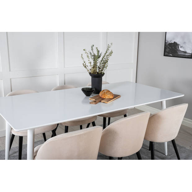 Polar180X90WHWH eethoek eetkamertafel wit en 6 Velvet eetkamerstal velours beige, zwart.