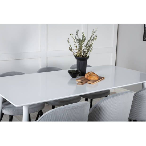 Polar180X90WHWH eethoek eetkamertafel wit en 6 Velvet eetkamerstal fluweel lichtgrijs, zwart.