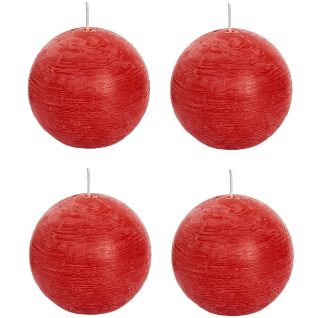 4x Ronde rustieke kaarsen rood 8 cm 24 branduren sfeerkaarsen - bolkaarsen