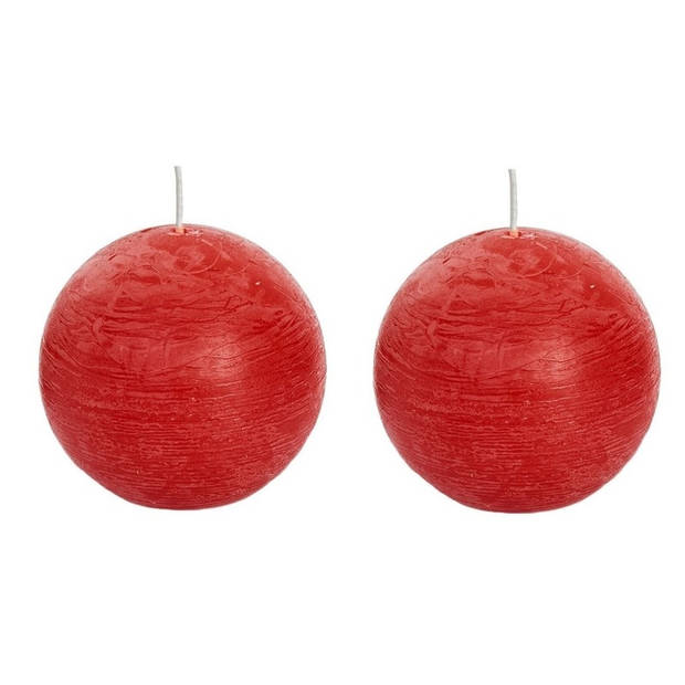 2x Ronde rustieke kaarsen rood 8 cm 24 branduren sfeerkaarsen - bolkaarsen